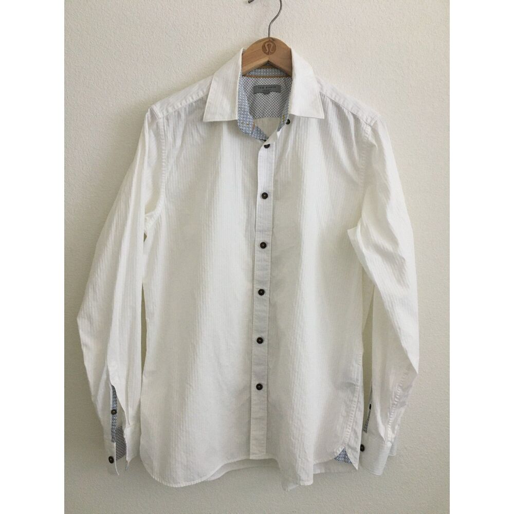 Ted Baker Men Size 4 White Stretch Cotton Shirt Contrast Trim Geometric